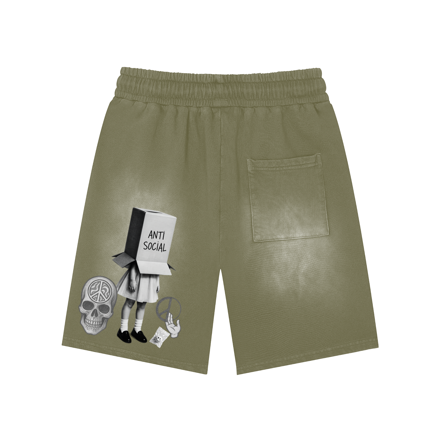 Rectangle Patch Monkey Washed Shorts